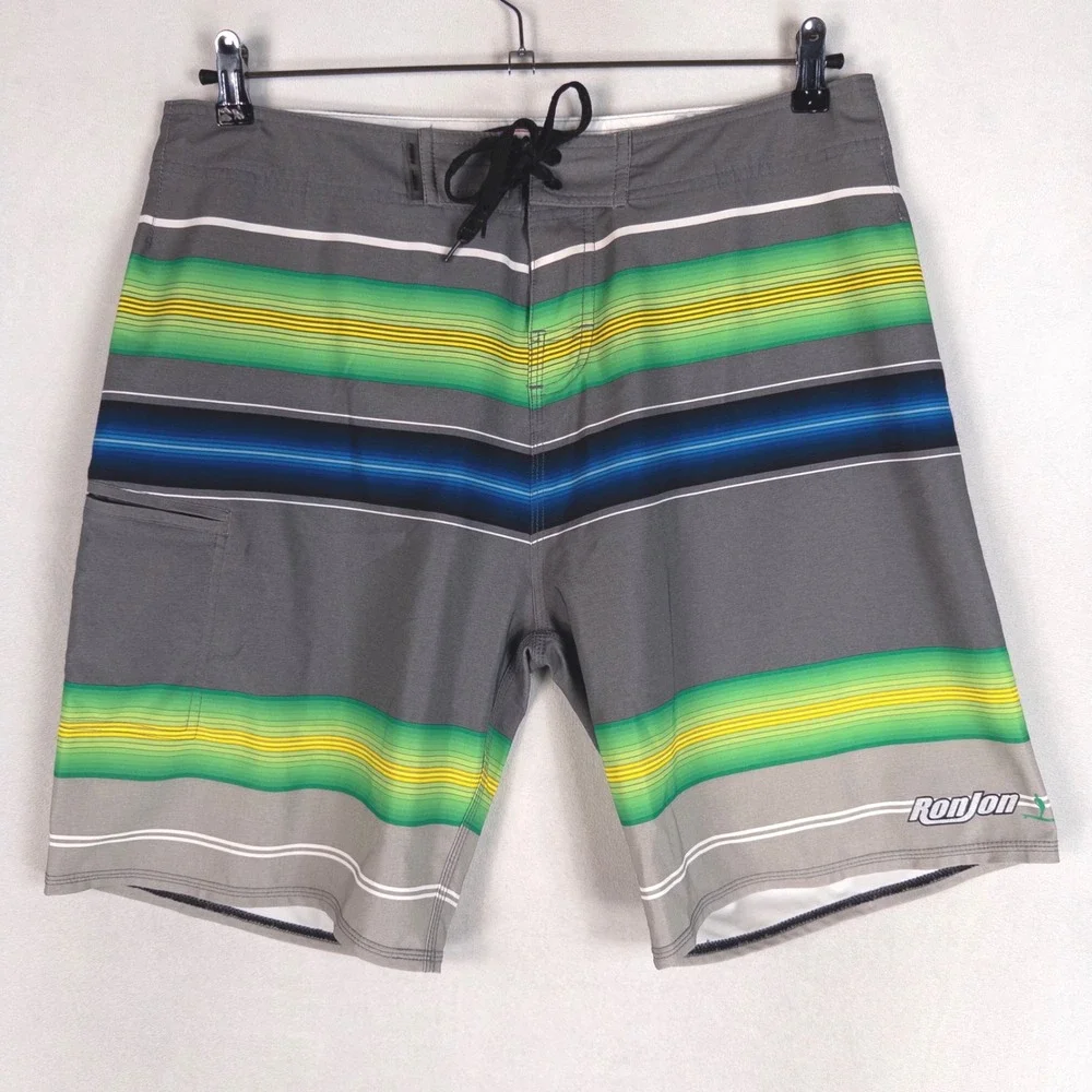 Ron Jon Mens Board Shorts Size 34 Gray Green Striped Surf Swim Trunks Beach *